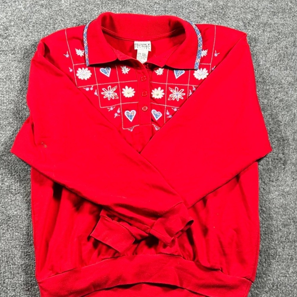 Koret Sweatshirt Womens Size PL Red Embroidered Floral Heart Collared Pullover